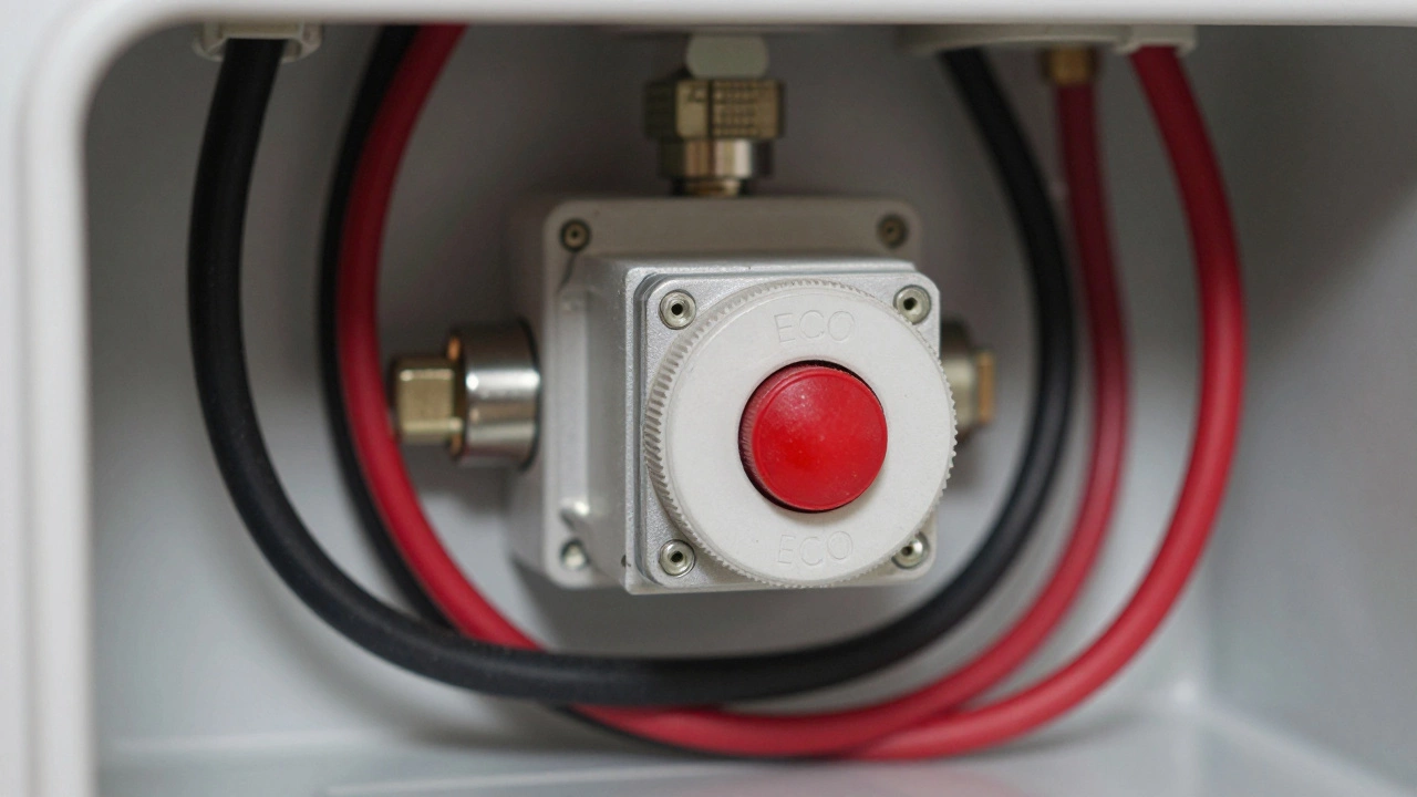 Close-up of a red ECO reset button inside a water heater panel