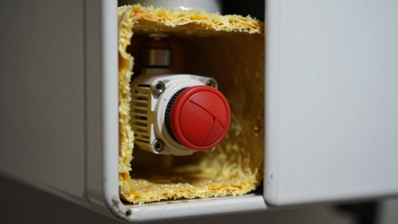 Close-up of the red reset button on an electric water heater thermostat.
