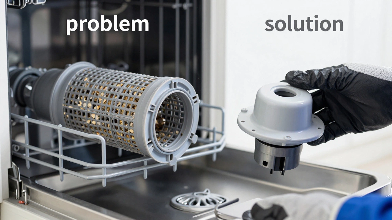 Comparison between a clogged dishwasher filter and a new replacement drain pump
