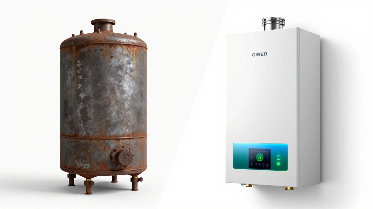 Comparison between a rusty old boiler and a modern high-efficiency white boiler