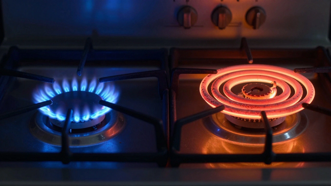 Comparison of a blue gas flame and a red electric heating element