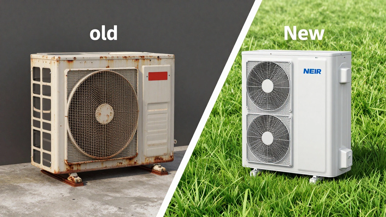 Comparison of an old, worn-out heat pump versus a new, energy-efficient system.