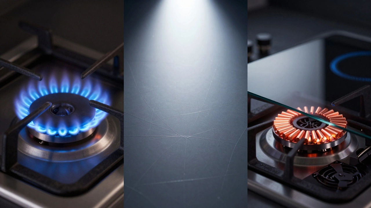 Comparison of gas flame, cracked ceramic glass, and induction coils