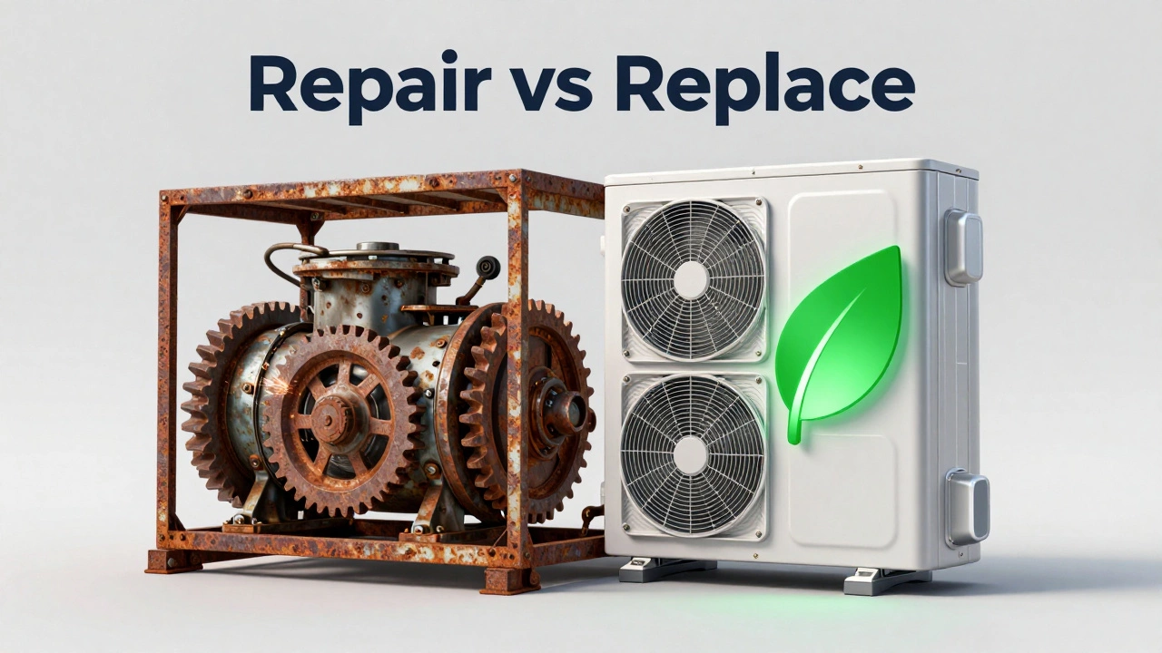 Conceptual comparison between a rusted old heat pump and a modern energy-efficient unit