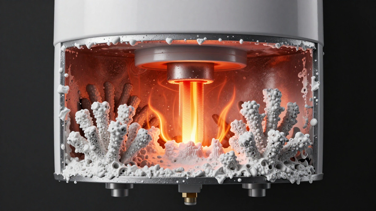 Cross-section of a water heater element covered in mineral scale