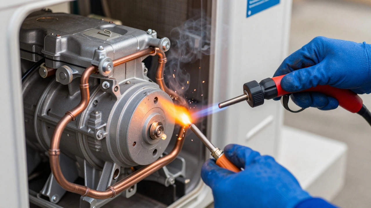 HVAC technician using a torch to solder copper pipes on a heat pump compressor.
