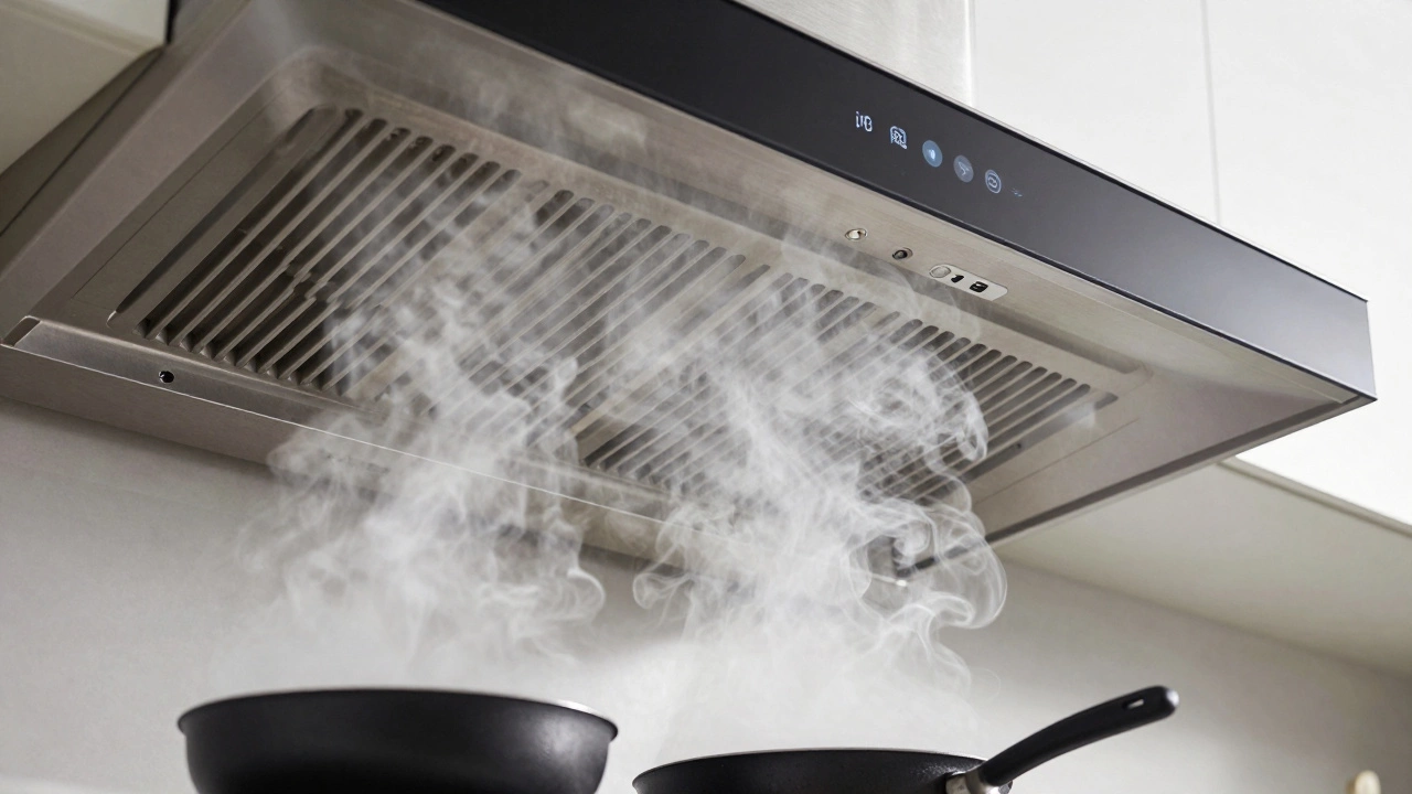 Kitchen range hood extractor fan removing steam and smoke from a stove