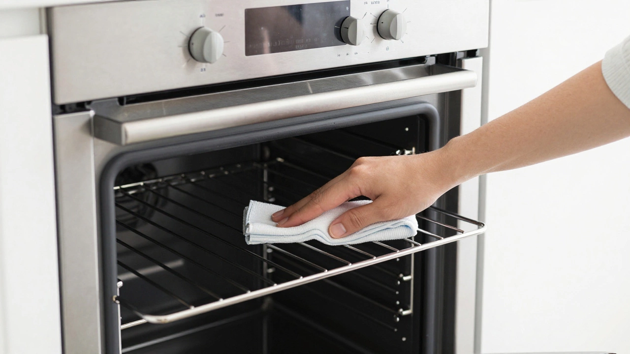 Person cleaning the inside of a stainless steel oven with a cloth
