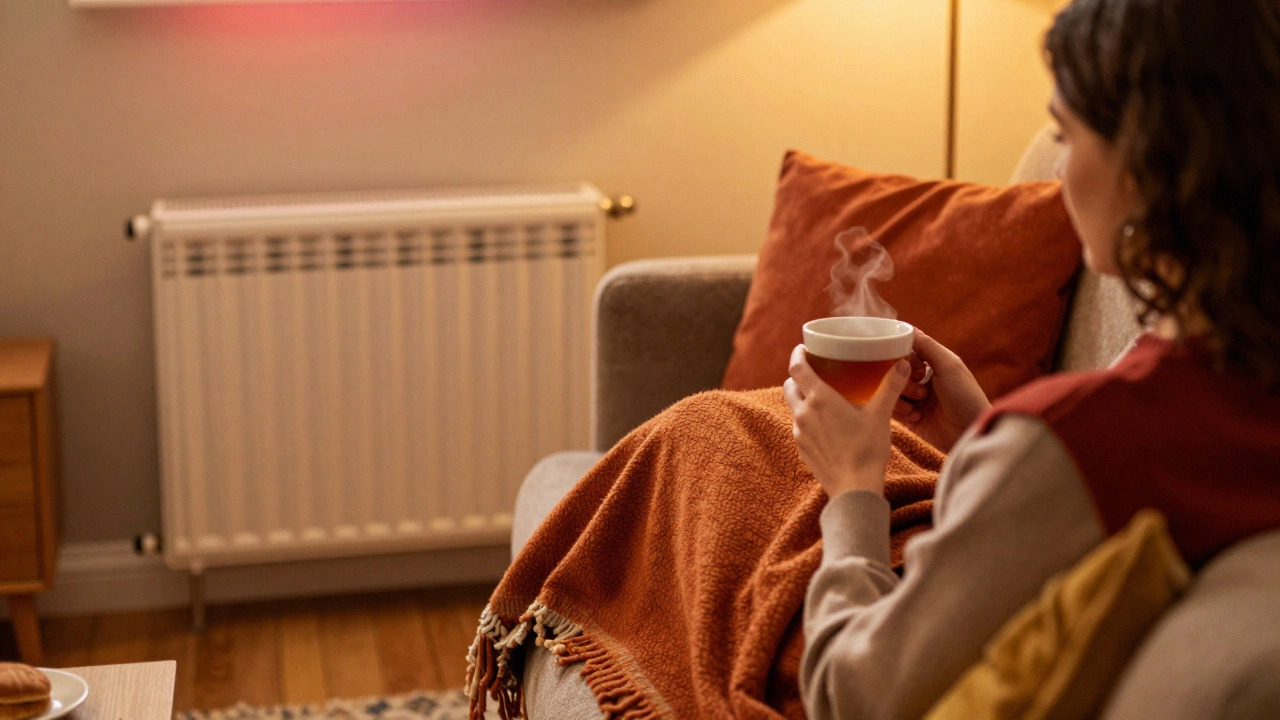 Person relaxing in a warm living room with a functioning radiator