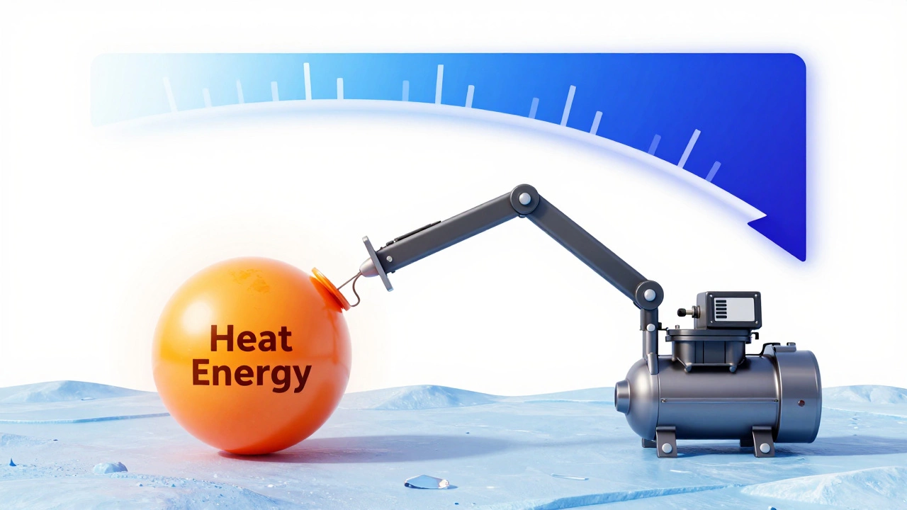 Abstract 3D visualization of heat pump efficiency dropping in cold