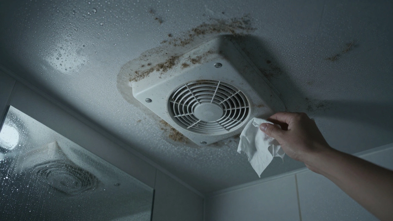 Bathroom exhaust fan with dust buildup and fogged mirror