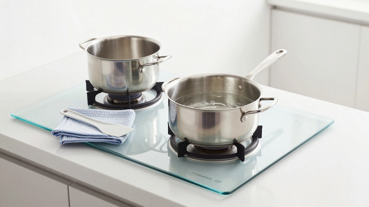 Clean glass hob with pots and cleaning tools