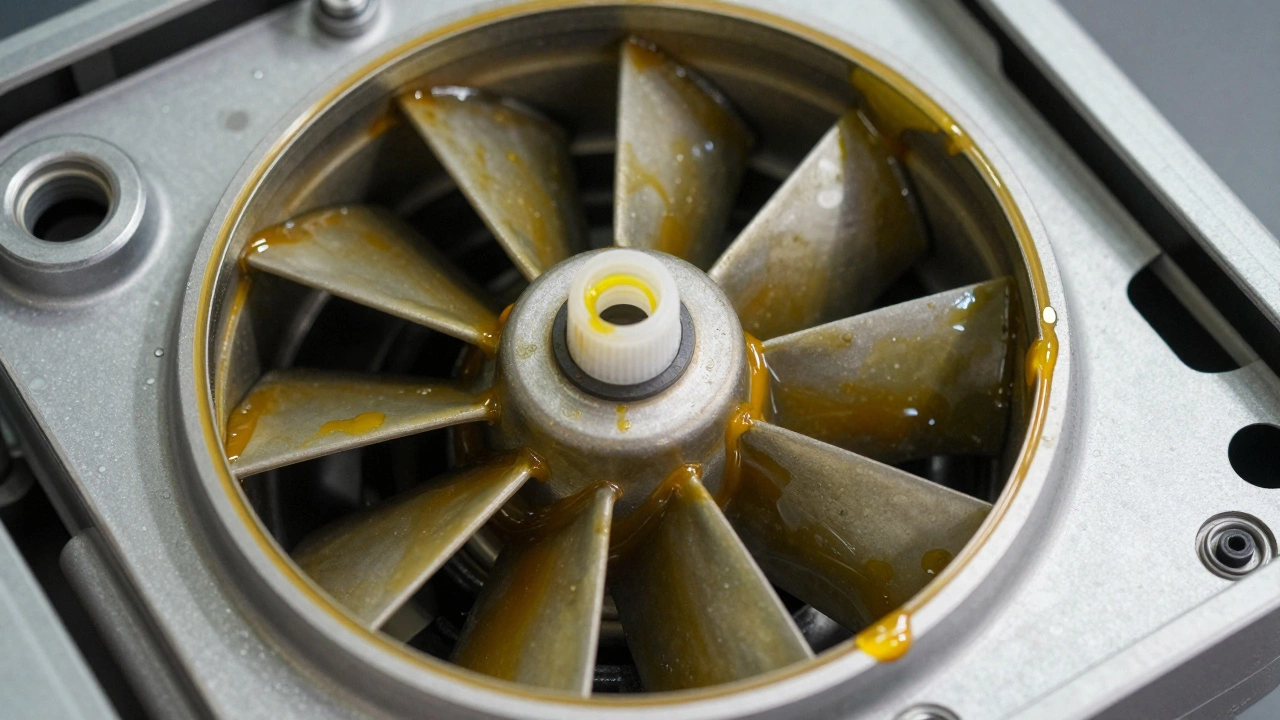 Close-up of greasy fan blades and motor needing cleaning