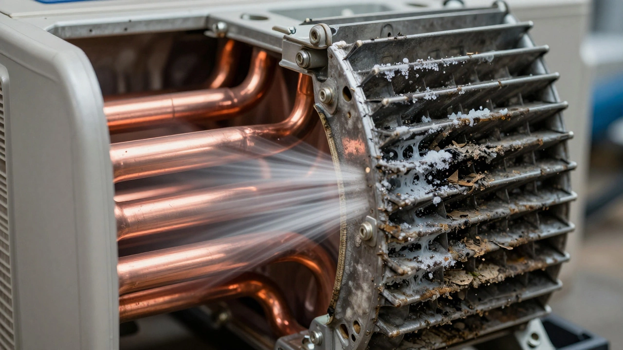 Close-up of heat pump coils showing clean vs dirty conditions