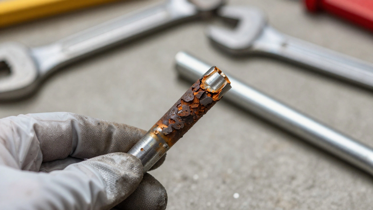 Corroded anode rod compared to a new one in a workshop setting