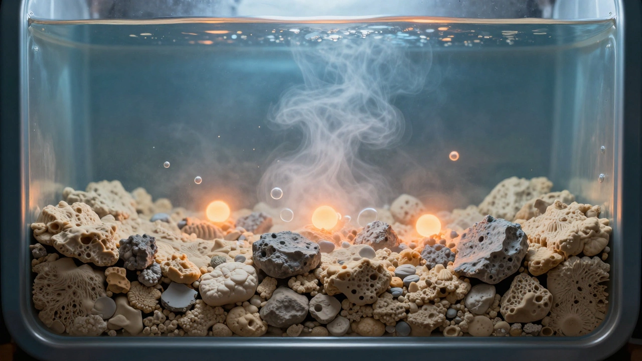 Cross-section of water heater tank showing sediment buildup and steam