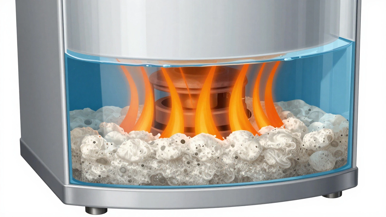 Cutaway view of a water heater showing sediment buildup at the bottom.