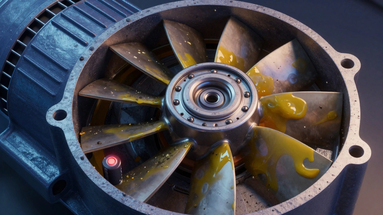Cutaway view of worn fan bearings and grease-clogged impeller