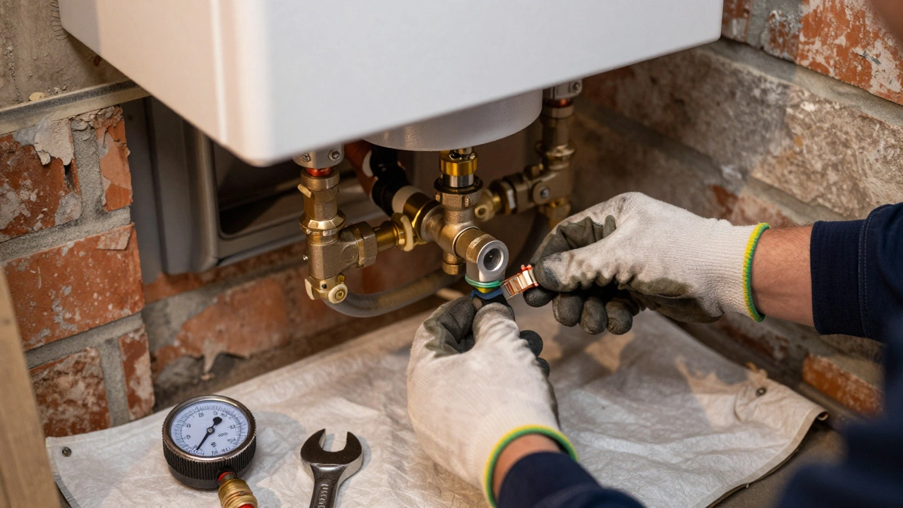Engineer installing pipes and condensate trap on a new system boiler
