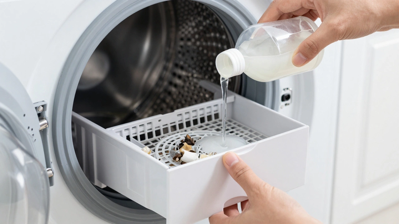 Hands cleaning a washer filter and pouring vinegar for maintenance