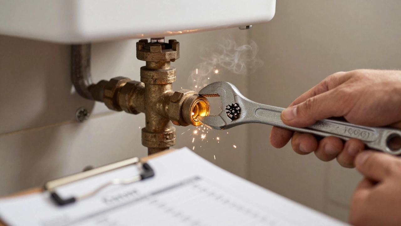 Plumber repairing an old water heater valve close up