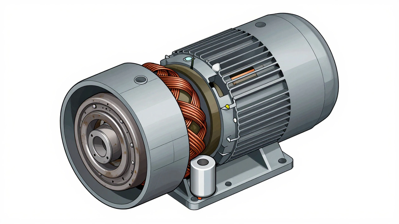 Schematic diagram showing internal motor parts like bearings and capacitors of a fan.