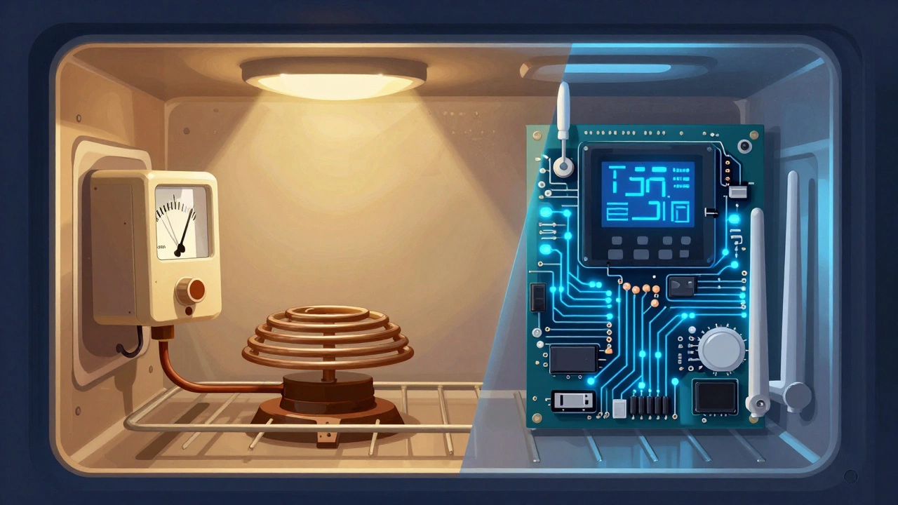 Split illustration comparing simple mechanical parts to complex digital boards.