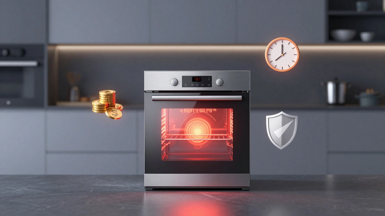 Stainless steel oven with abstract icons representing repair costs and warranty
