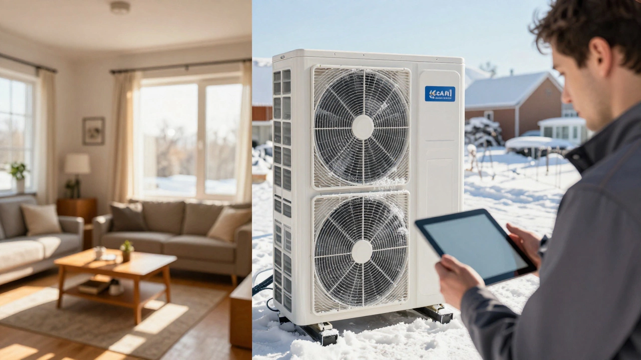 Technician inspecting a modern cold-climate heat pump system