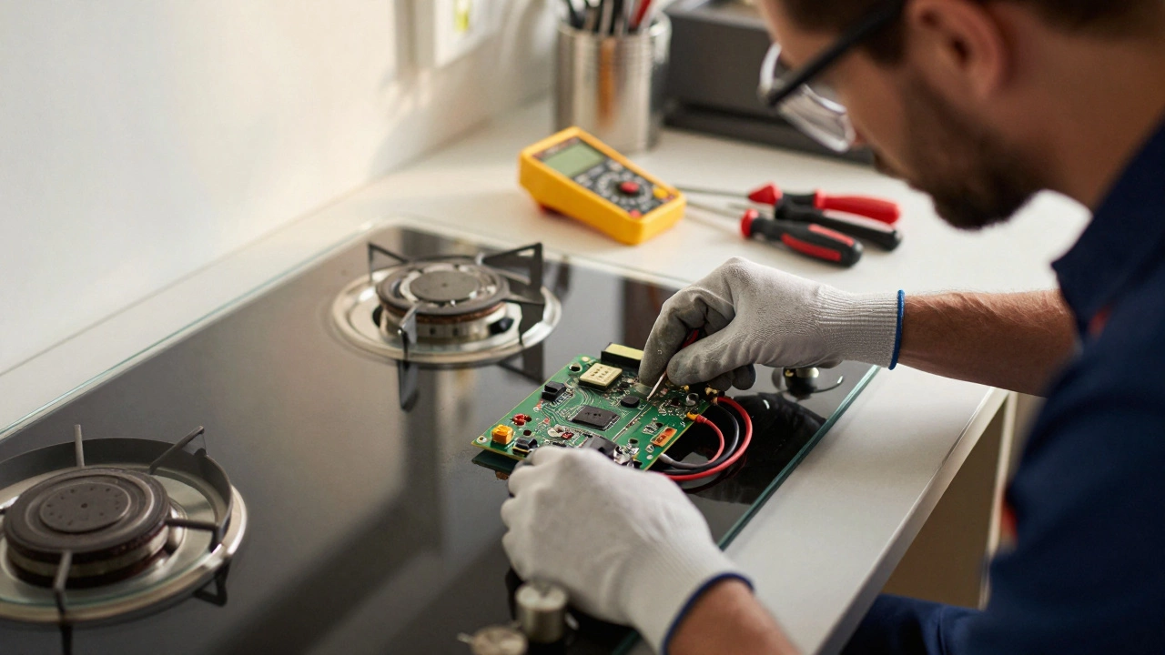Technician repairing internal electronics of a hob