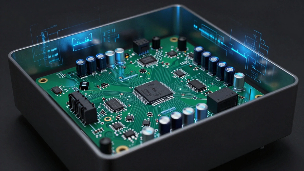 Close-up of an oven control board with chips and relays under blue light