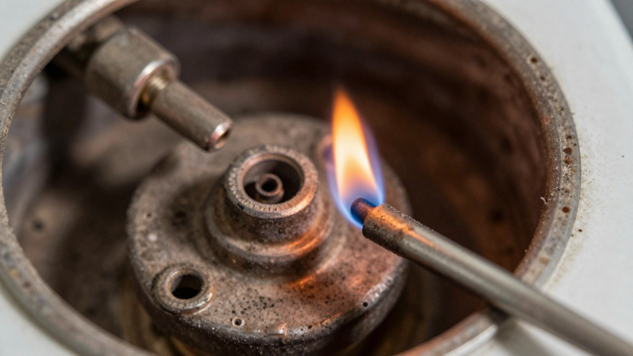 Close up of pilot light and thermocouple sensor