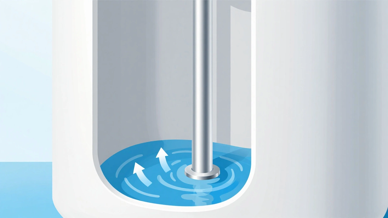 Cross-section diagram showing a new anode rod protecting a water heater tank.