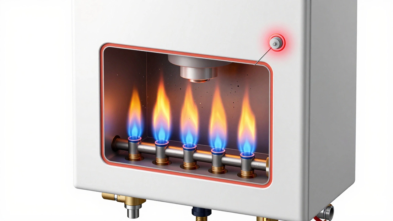 Cross-section diagram showing dirty burners and overheating thermostat in water heater