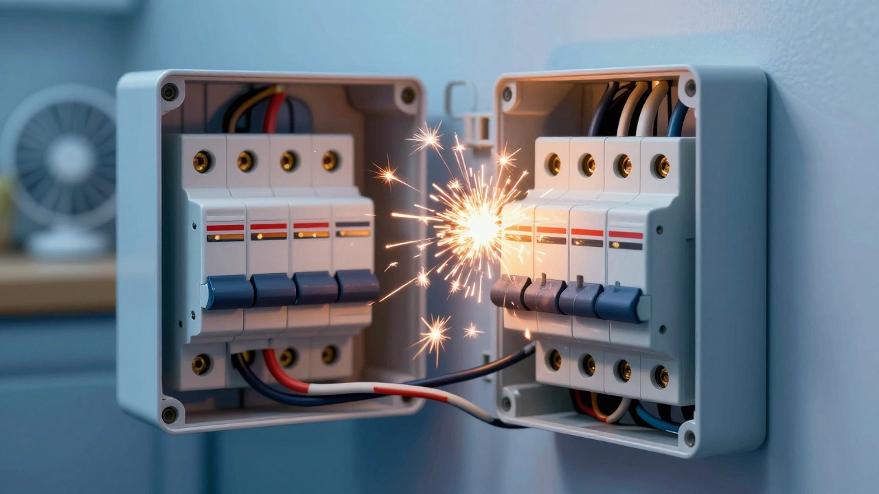 Cross-section of electrical wiring with sparks indicating a power fault