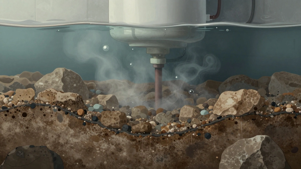 Cutaway view showing sediment buildup in tank