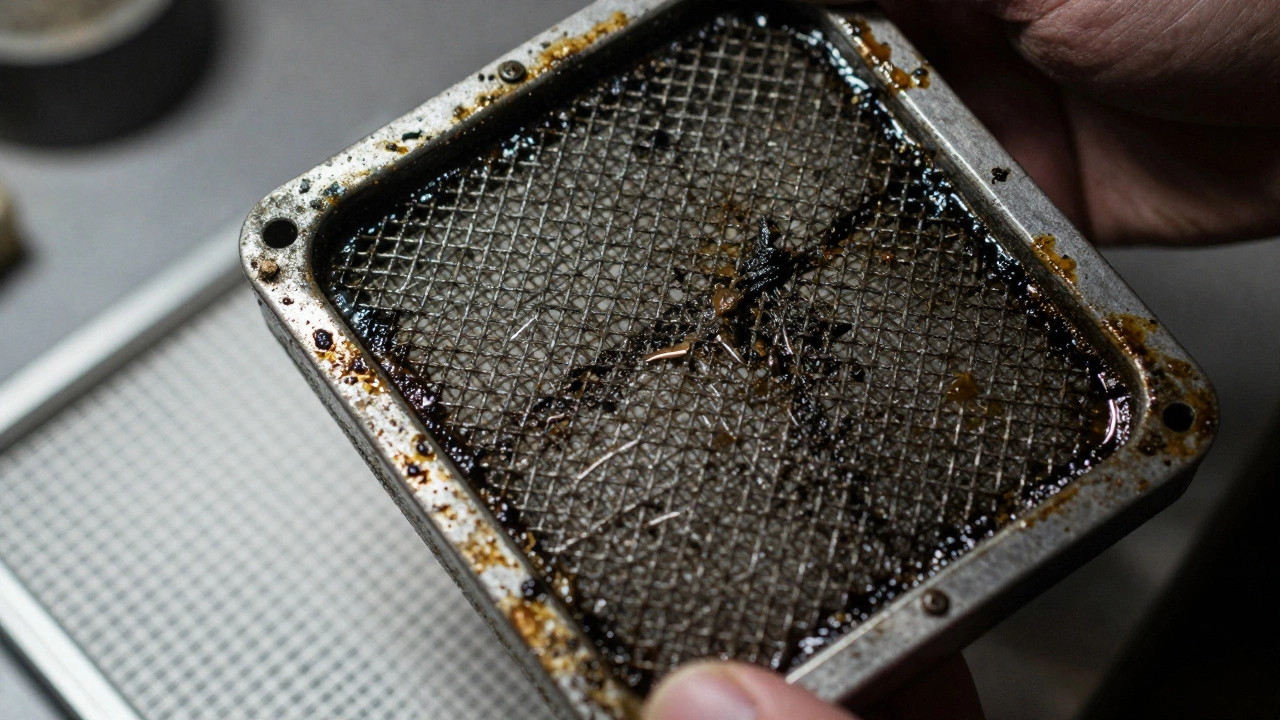 Dirty grease filter vs clean filter showing need for maintenance