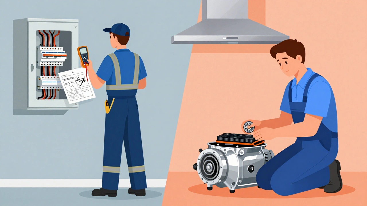 Electrician checking wires versus technician repairing a range hood motor