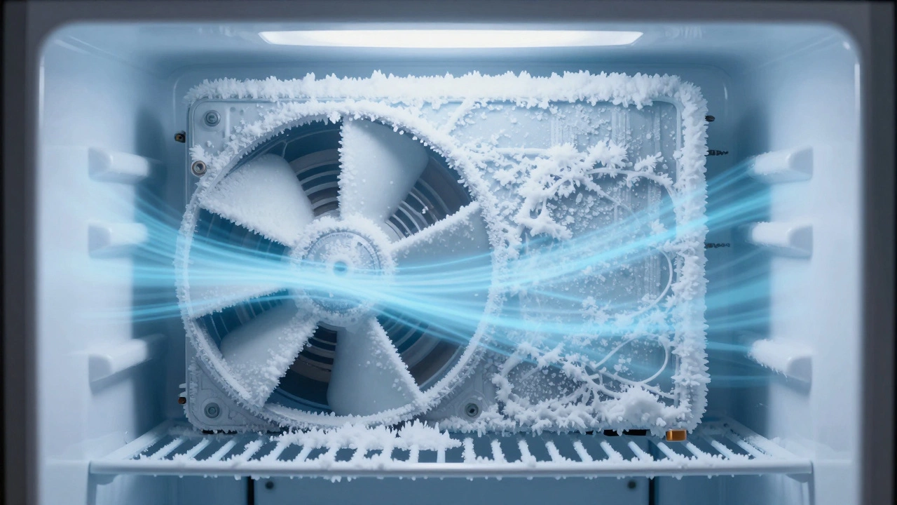Frozen evaporator coils blocking fan in freezer