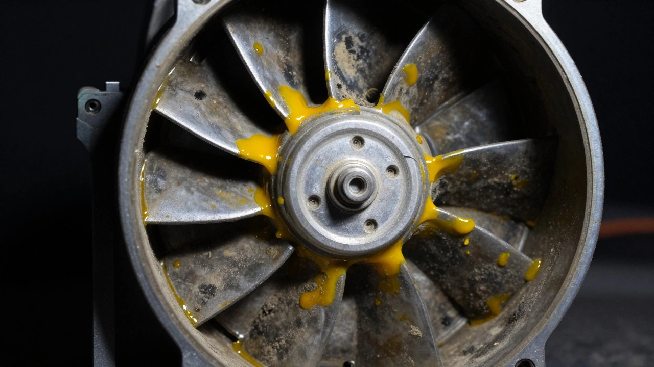 Grease-clogged extractor fan blades and seized motor shaft close-up