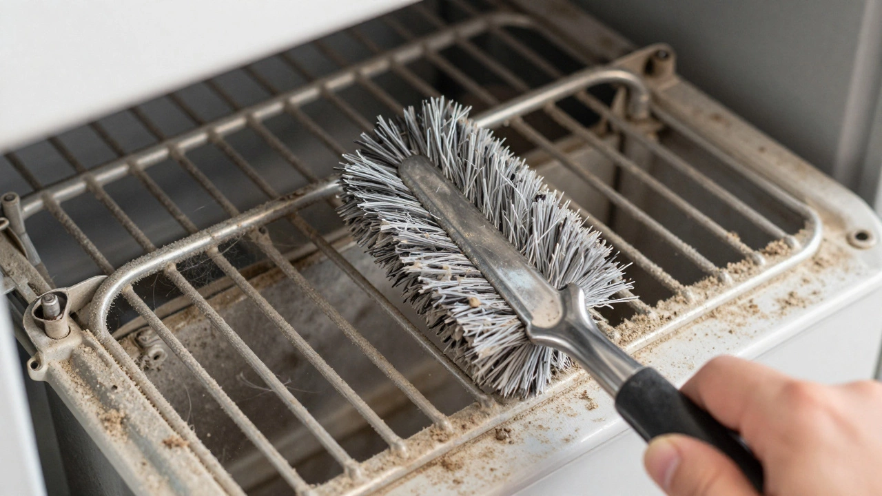 Hand cleaning dusty condenser coils with brush