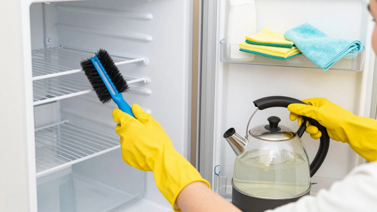 Hands cleaning refrigerator coils and descaling a kettle for maintenance