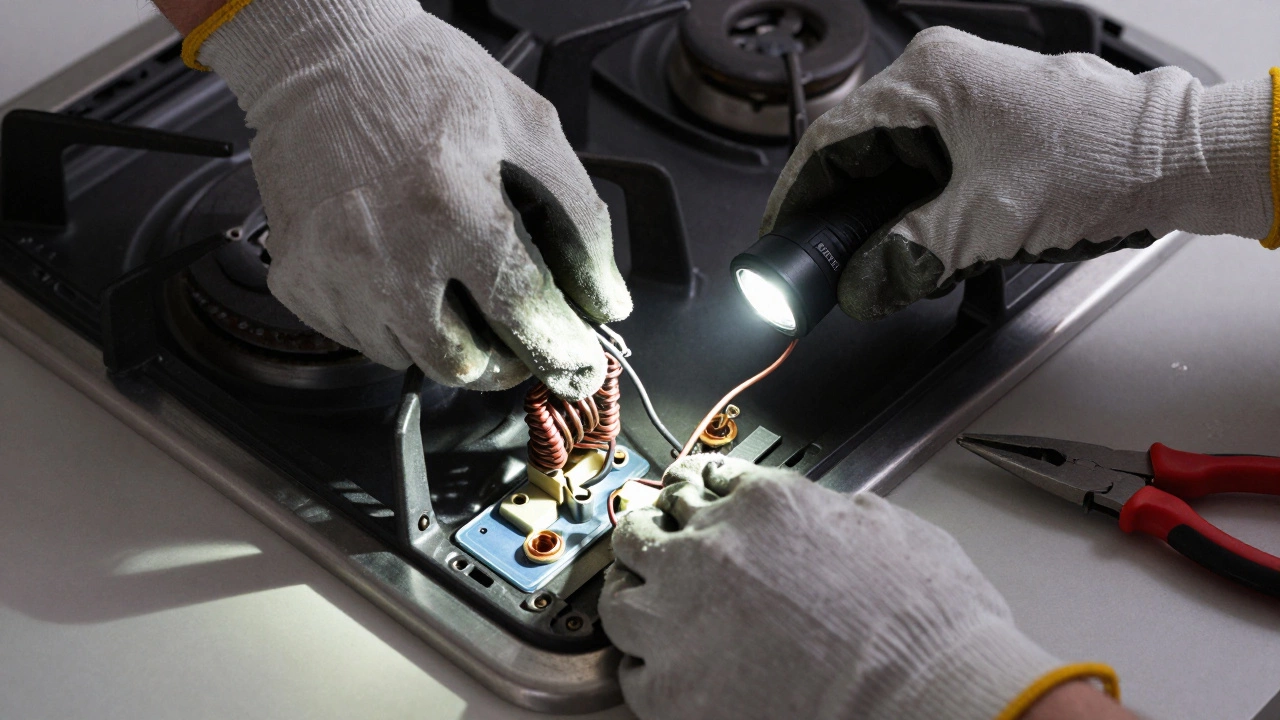 Hands connecting wires to new heating element under cooktop