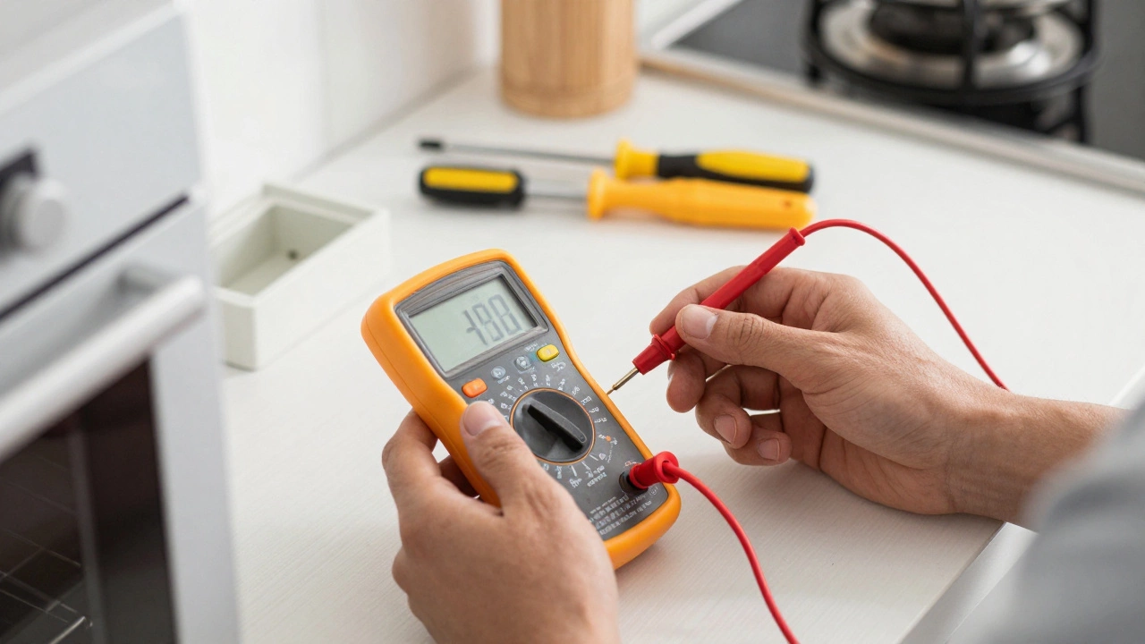 Homeowner using a multimeter to test an oven temperature sensor probe