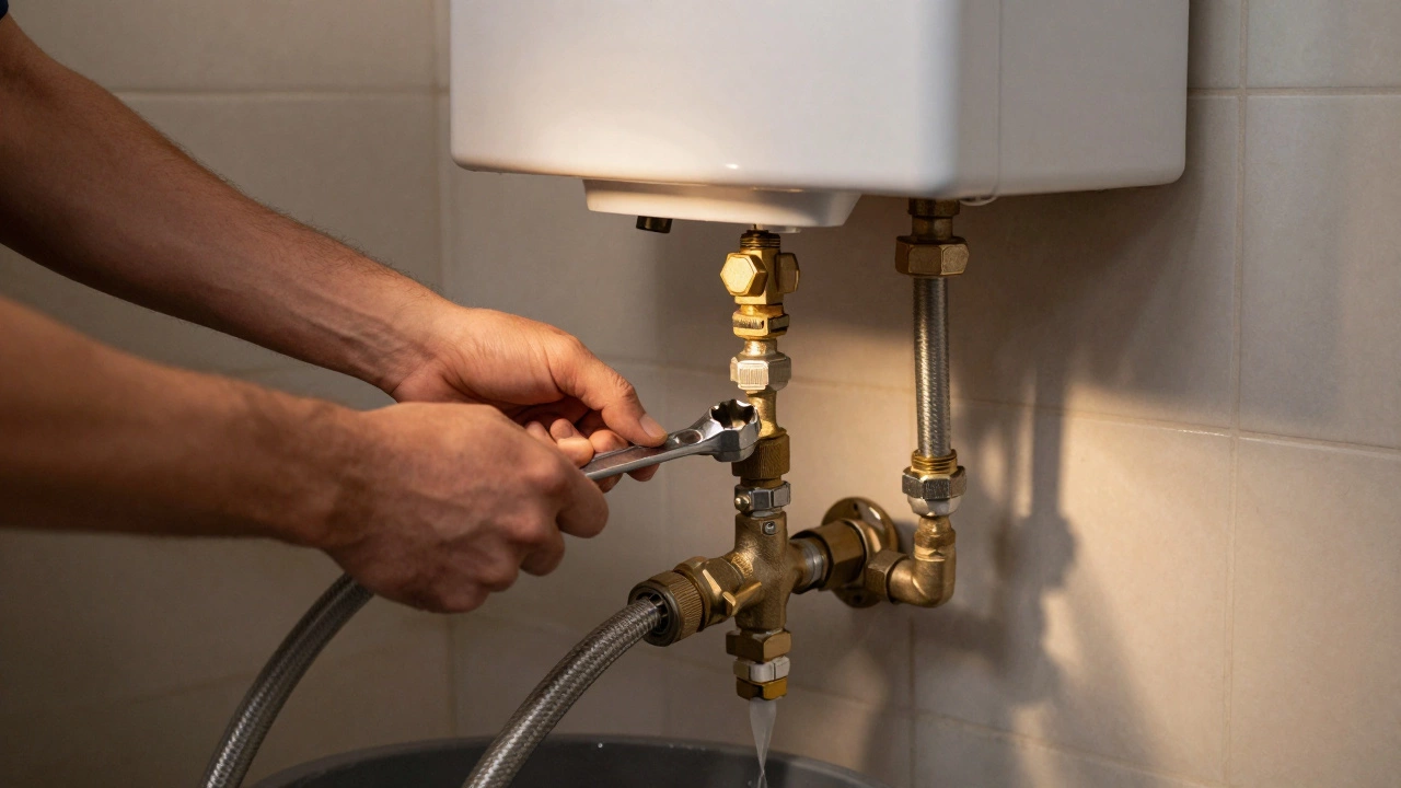 Homeowner using a wrench to inspect the anode rod fitting on a water heater.