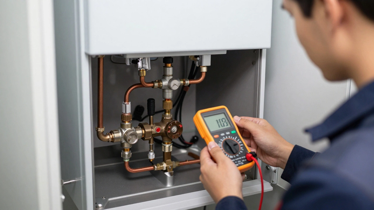 HVAC technician inspecting the internal components of a gas boiler with diagnostic tools