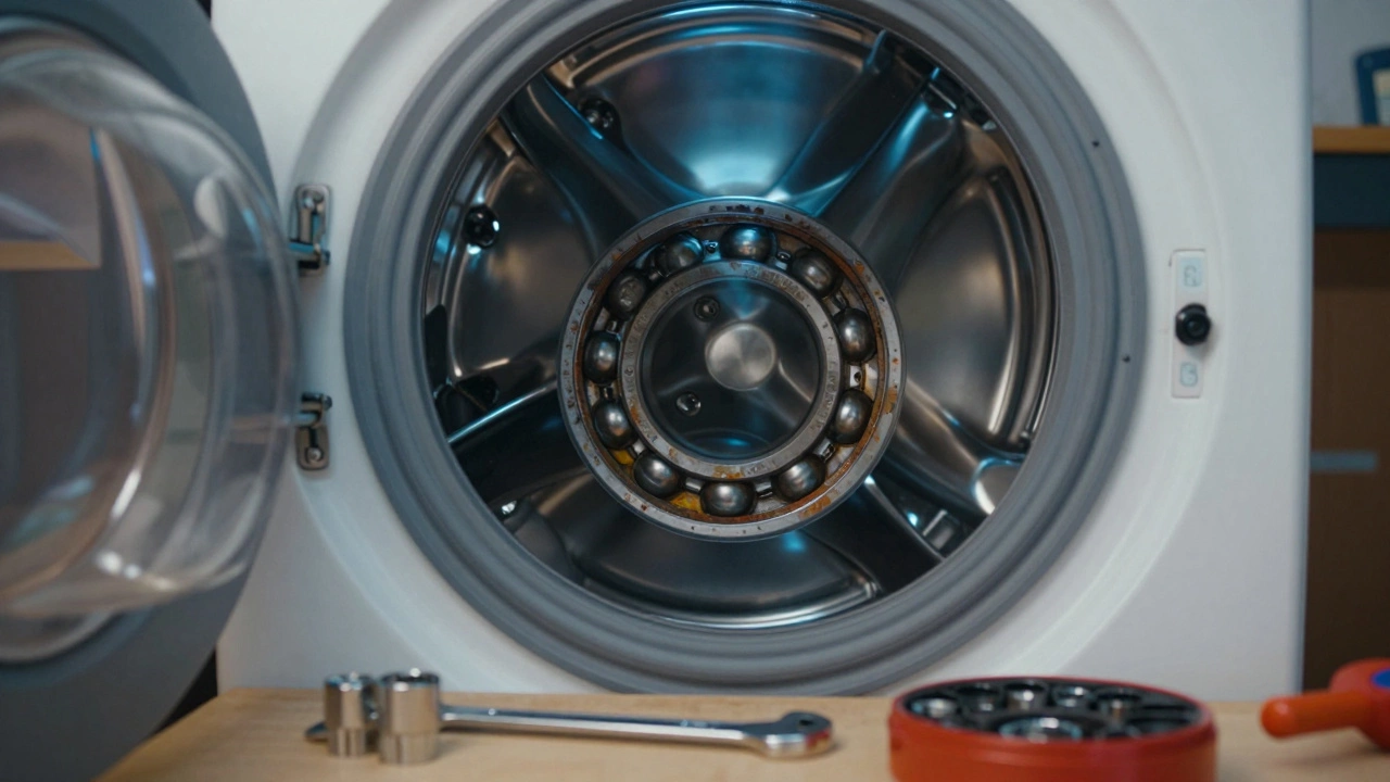 Internal view of worn washing machine drum bearings with tools nearby