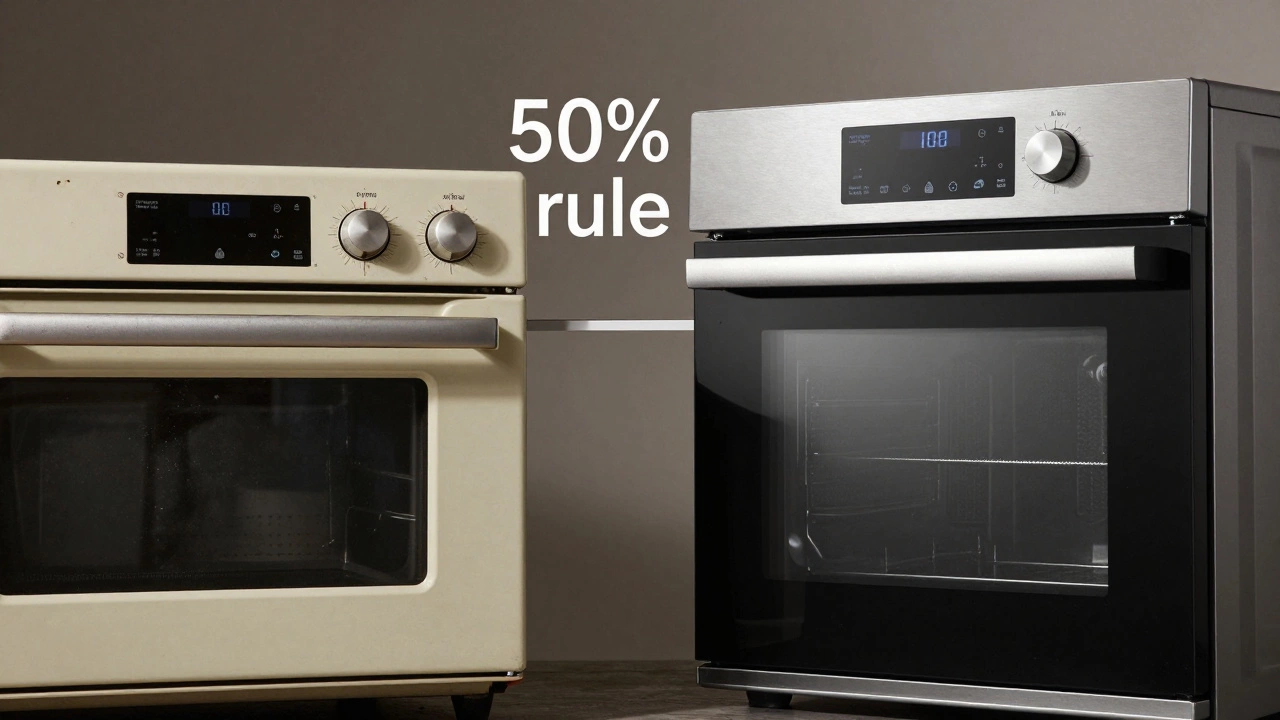 Old worn oven vs new smart oven showing repair vs replace choice