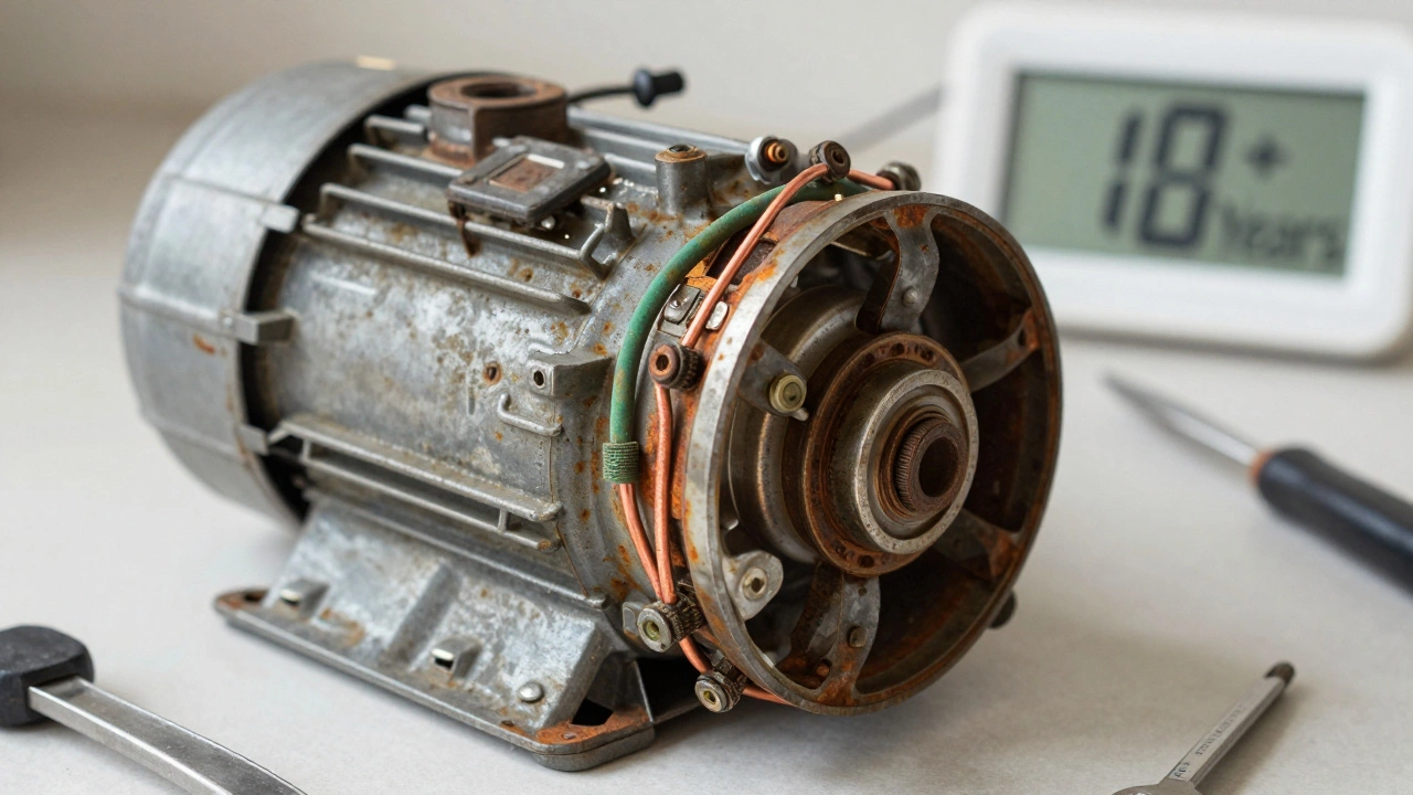 Rusted and corroded internal motor parts of an old extractor fan
