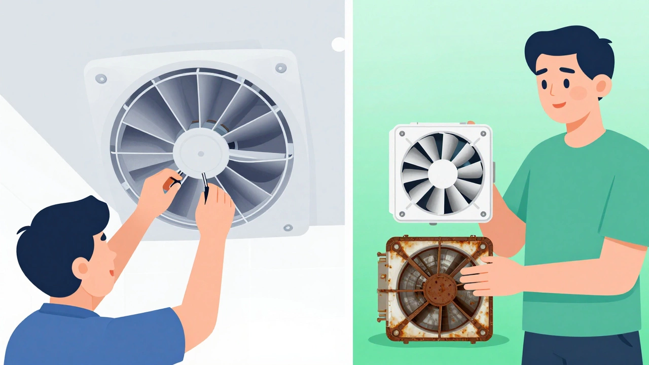 Split view comparing fan repair tools and new replacement unit